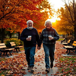 An elderly couple walking hand in hand in a scenic park during autumn