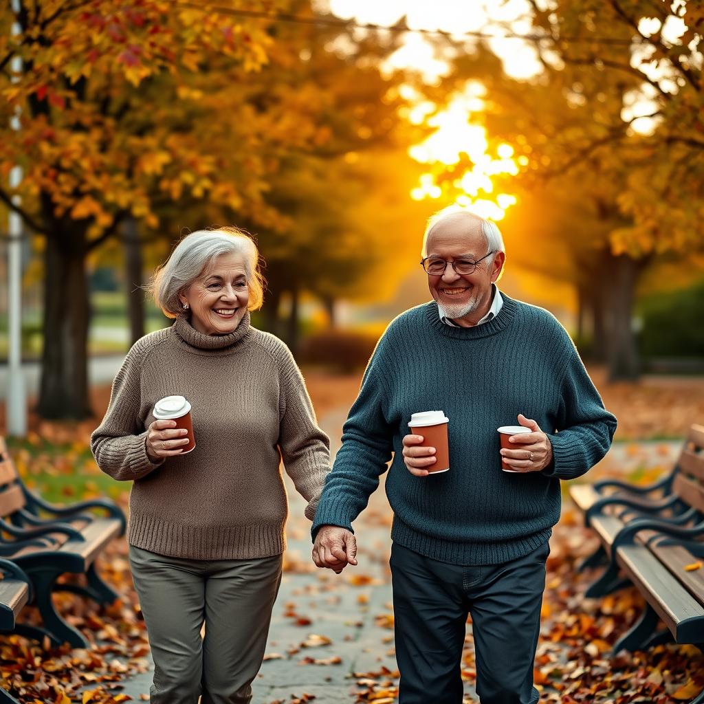An elderly couple walking hand in hand in a scenic park during autumn