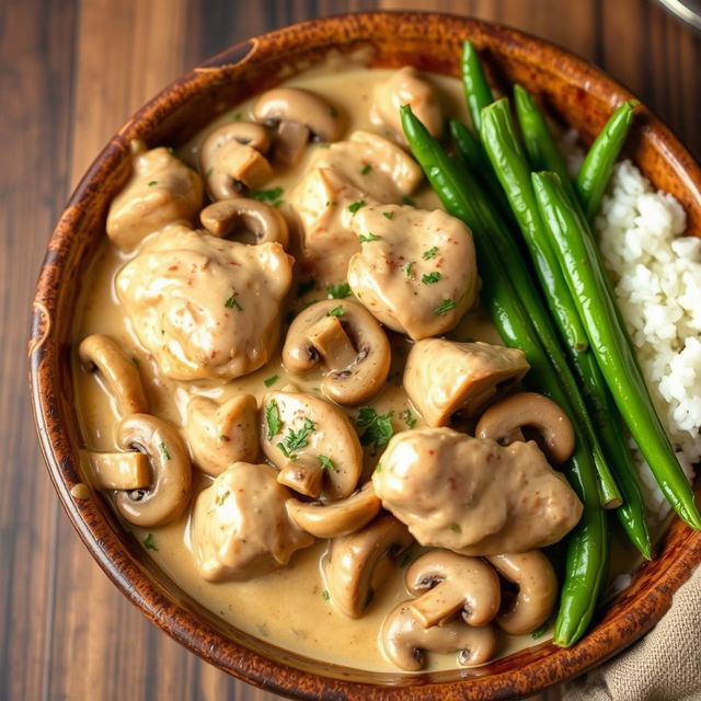 A delicious Chicken Stroganoff dish served in a rustic bowl, featuring tender chunks of chicken breast simmered in a creamy mushroom sauce made with fresh sautéed mushrooms, onions, and garlic