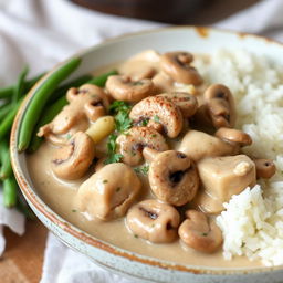 A delicious Chicken Stroganoff dish served in a rustic bowl, featuring tender chunks of chicken breast simmered in a creamy mushroom sauce made with fresh sautéed mushrooms, onions, and garlic