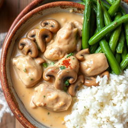 A delicious Chicken Stroganoff dish served in a rustic bowl, featuring tender chunks of chicken breast simmered in a creamy mushroom sauce made with fresh sautéed mushrooms, onions, and garlic