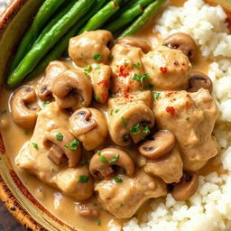 A delicious Chicken Stroganoff dish served in a rustic bowl, featuring tender chunks of chicken breast simmered in a creamy mushroom sauce made with fresh sautéed mushrooms, onions, and garlic