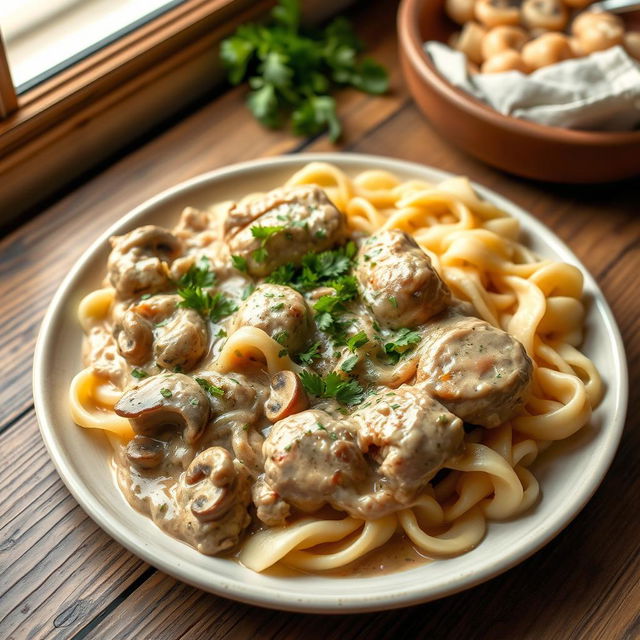 A delicious plate of Chicken Stroganoff served on a rustic wooden table, featuring tender chicken thighs in a creamy mushroom sauce with onions, garlic, and a hint of paprika