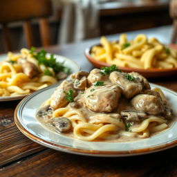 A delicious plate of Chicken Stroganoff served on a rustic wooden table, featuring tender chicken thighs in a creamy mushroom sauce with onions, garlic, and a hint of paprika