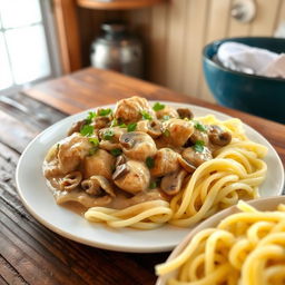 A delicious plate of Chicken Stroganoff served on a rustic wooden table, featuring tender chicken thighs in a creamy mushroom sauce with onions, garlic, and a hint of paprika