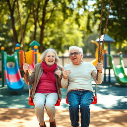 An elderly couple joyfully playing together on a vibrant playground