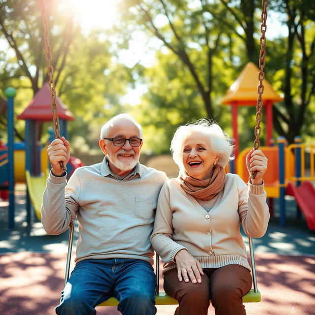 An elderly couple joyfully playing together on a vibrant playground