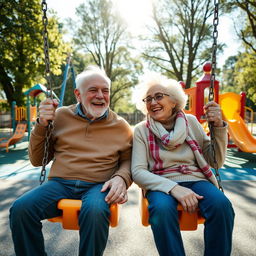 An elderly couple joyfully playing together on a vibrant playground