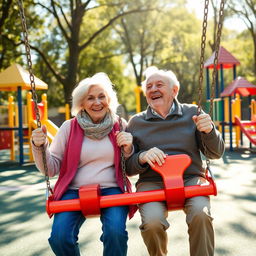 An elderly couple joyfully playing together on a vibrant playground