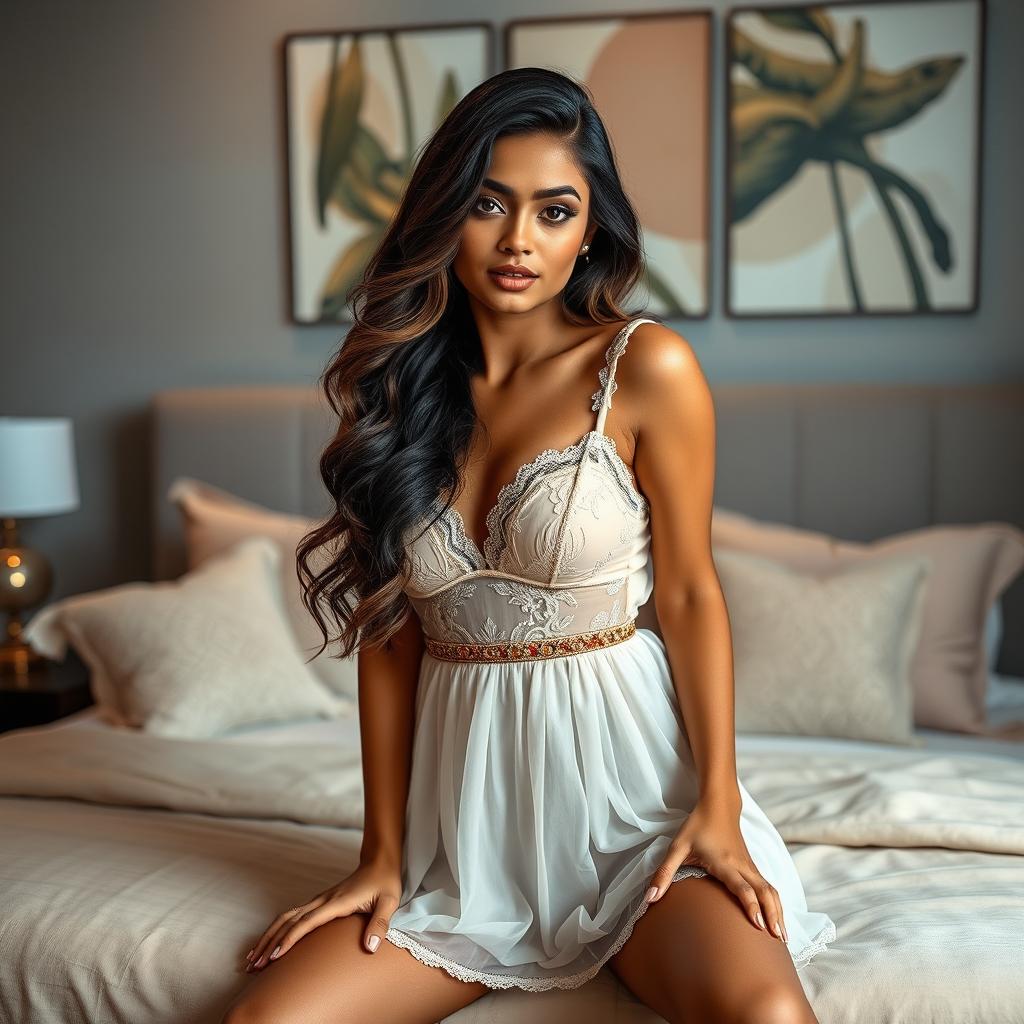 A stylish Indian girl wearing a sexy baby doll dress, which is made of sheer, delicate fabric, and showcases her figure beautifully