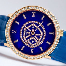 Close-up of a luxurious Jaeger Lecoultre wristwatch featuring a rose gold case and an exquisite blue leather strap