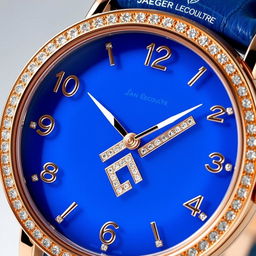Close-up of a luxurious Jaeger Lecoultre wristwatch featuring a rose gold case and an exquisite blue leather strap