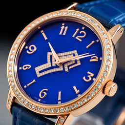Close-up of a luxurious Jaeger Lecoultre wristwatch featuring a rose gold case and an exquisite blue leather strap