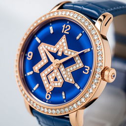 Close-up of a luxurious Jaeger Lecoultre wristwatch featuring a rose gold case and an exquisite blue leather strap
