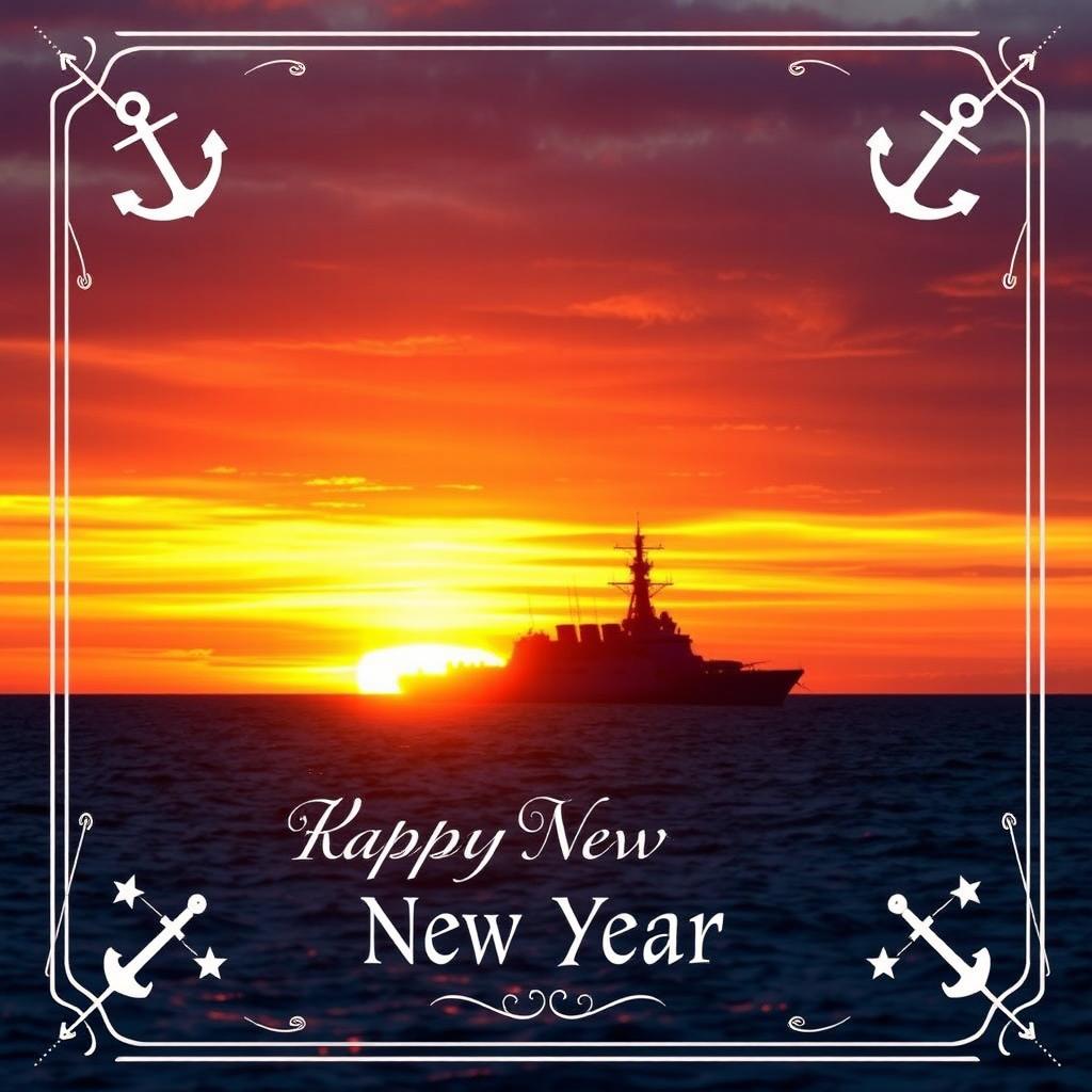 A beautifully designed New Year card for naval officers, featuring a captivating oceanic background at dusk