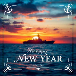 A beautifully designed New Year card for naval officers, featuring a captivating oceanic background at dusk
