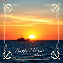 A beautifully designed New Year card for naval officers, featuring a captivating oceanic background at dusk
