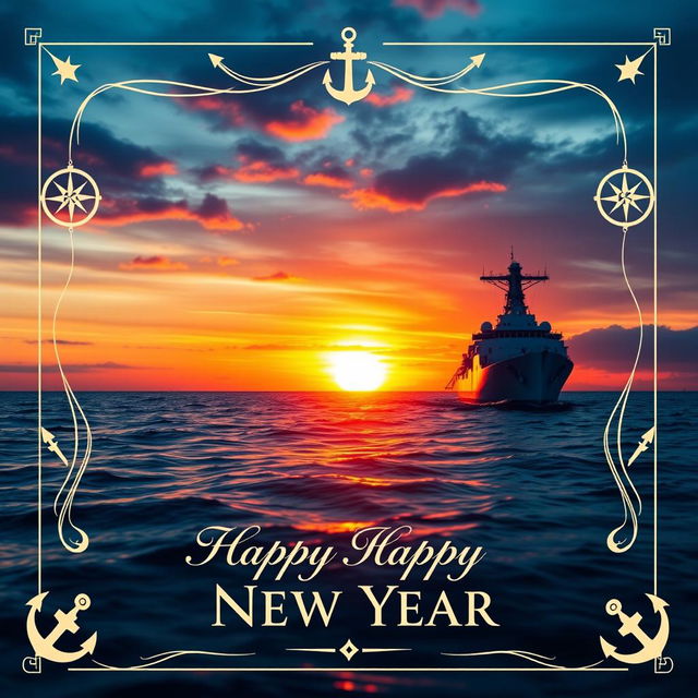 A beautifully designed New Year card for naval officers, featuring a captivating oceanic background at dusk