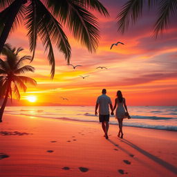A stunning sunset over a serene beach, with vibrant colors reflecting off the water