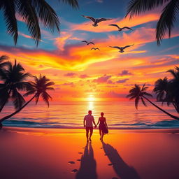 A stunning sunset over a serene beach, with vibrant colors reflecting off the water