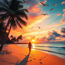 A stunning sunset over a serene beach, with vibrant colors reflecting off the water