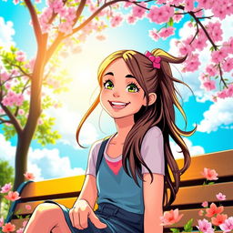 A vibrant and colorful portrait of a girl with a playful expression, featuring long flowing hair, wearing a stylish outfit