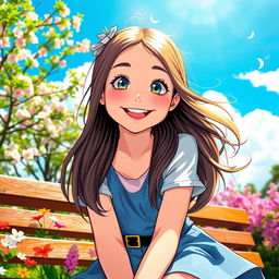 A vibrant and colorful portrait of a girl with a playful expression, featuring long flowing hair, wearing a stylish outfit