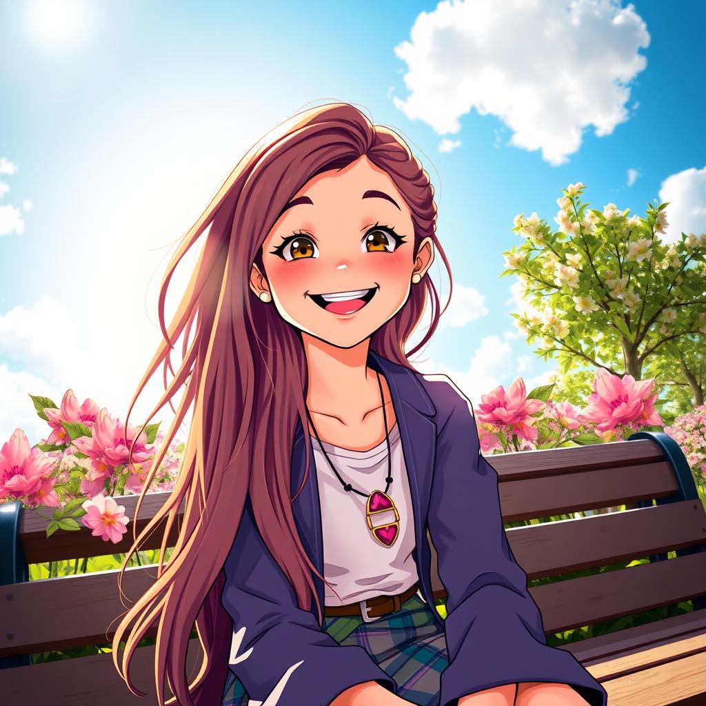 A vibrant and colorful portrait of a girl with a playful expression, featuring long flowing hair, wearing a stylish outfit