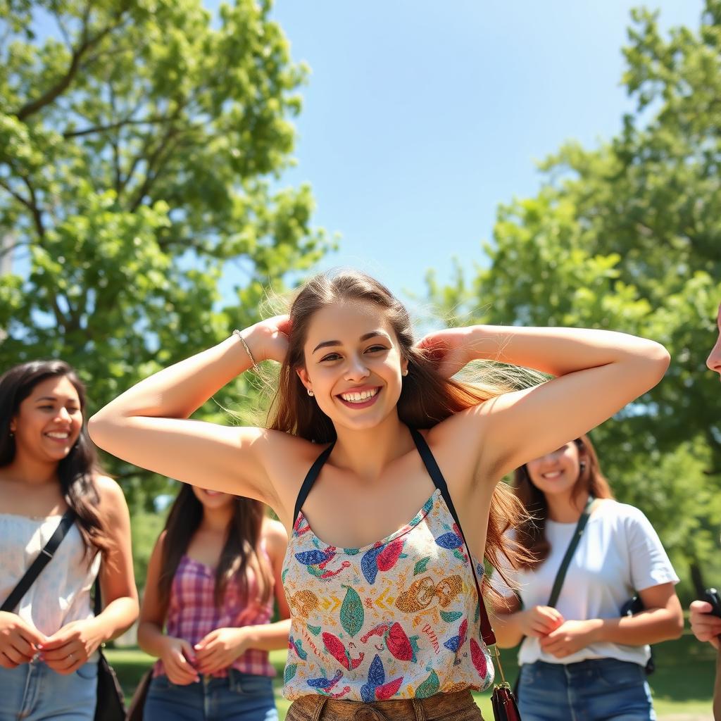 A young woman playfully showing her armpits to a group of friends in a bright, sunny park
