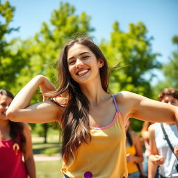 A young woman playfully showing her armpits to a group of friends in a bright, sunny park