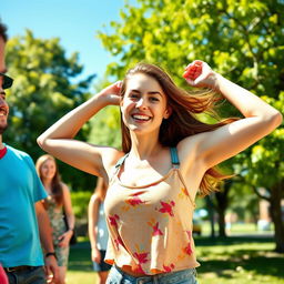 A young woman playfully showing her armpits to a group of friends in a bright, sunny park