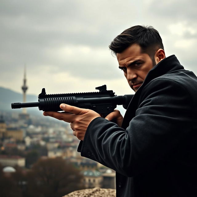 A tense and dramatic scene depicting a man in a dark coat with a determined expression, aiming a sleek black rifle towards the skyline of Iran