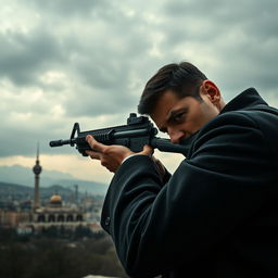 A tense and dramatic scene depicting a man in a dark coat with a determined expression, aiming a sleek black rifle towards the skyline of Iran