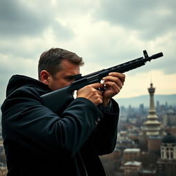 A tense and dramatic scene depicting a man in a dark coat with a determined expression, aiming a sleek black rifle towards the skyline of Iran