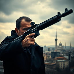 A tense and dramatic scene depicting a man in a dark coat with a determined expression, aiming a sleek black rifle towards the skyline of Iran