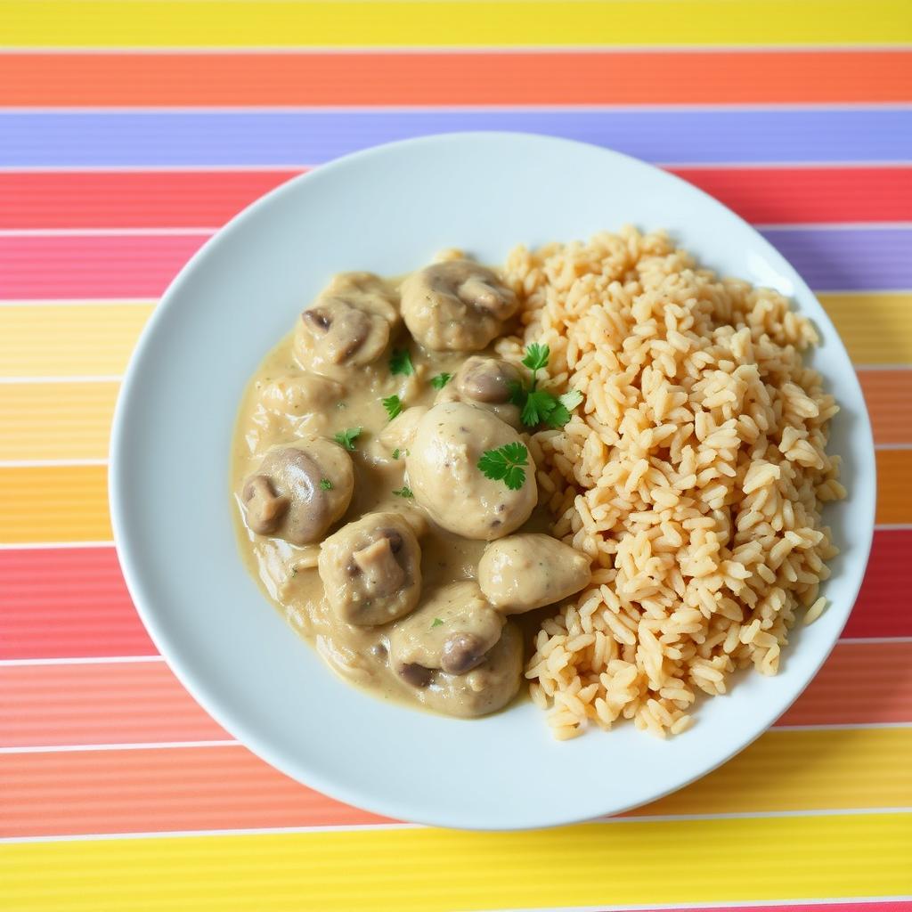 A delicious plate of chicken stroganoff served beside a generous portion of fluffy brown rice