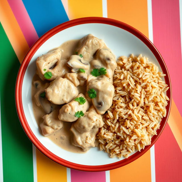 A delicious plate of chicken stroganoff served beside a generous portion of fluffy brown rice