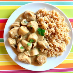 A delicious plate of chicken stroganoff served beside a generous portion of fluffy brown rice