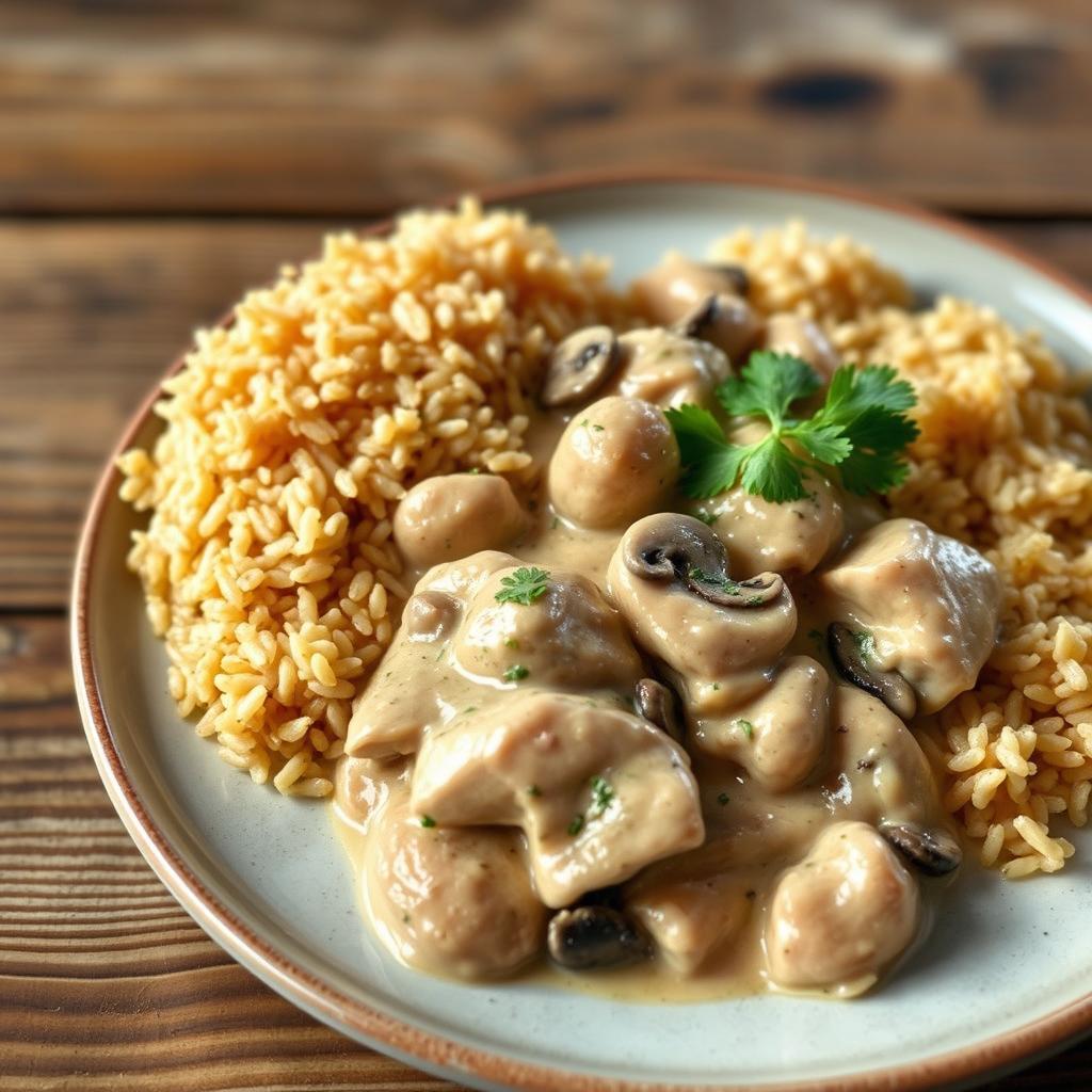 A delicious plate of Chicken Stroganoff, featuring tender pieces of chicken in a creamy mushroom sauce, garnished with fresh parsley