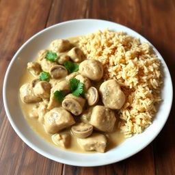 A delicious plate of Chicken Stroganoff, featuring tender pieces of chicken in a creamy mushroom sauce, garnished with fresh parsley