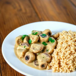 A delicious plate of Chicken Stroganoff, featuring tender pieces of chicken in a creamy mushroom sauce, garnished with fresh parsley