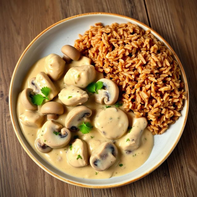 A delicious plate of Chicken Stroganoff, featuring tender pieces of chicken in a creamy mushroom sauce, garnished with fresh parsley