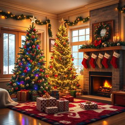 A cozy, beautifully decorated living room with a Christmas theme