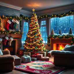 A cozy, beautifully decorated living room with a Christmas theme