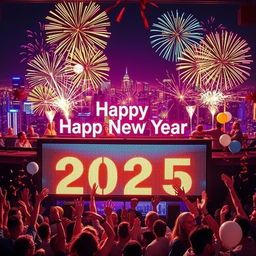 A vibrant New Year celebration scene for the year 2025, filled with festive decorations, colorful fireworks lighting up the night sky, and a joyful atmosphere