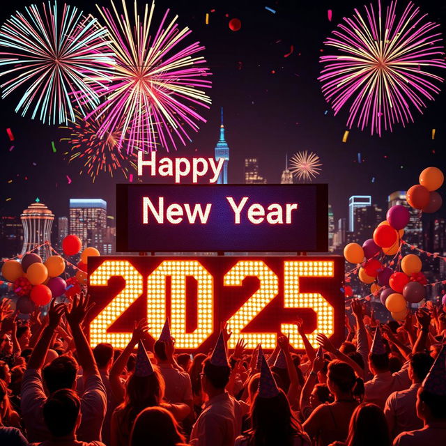 A vibrant New Year celebration scene for the year 2025, filled with festive decorations, colorful fireworks lighting up the night sky, and a joyful atmosphere