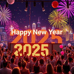 A vibrant New Year celebration scene for the year 2025, filled with festive decorations, colorful fireworks lighting up the night sky, and a joyful atmosphere