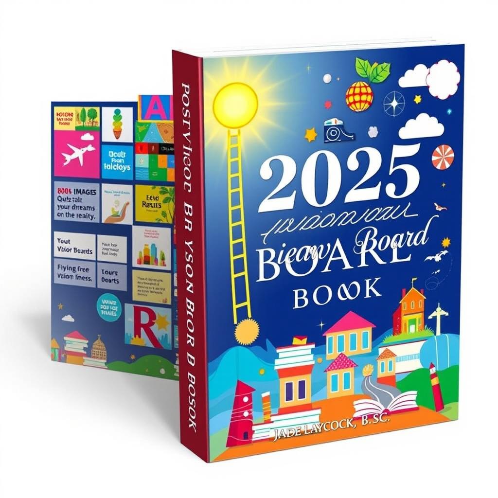 A visually striking and inspiring cover design for the book titled '2025 Vision Board Book: 800+ Images, Quotes, and Affirmations - Get INSPIRED and Make Your Dreams a Reality' by Jade Laycock, B