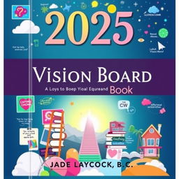 A visually striking and inspiring cover design for the book titled '2025 Vision Board Book: 800+ Images, Quotes, and Affirmations - Get INSPIRED and Make Your Dreams a Reality' by Jade Laycock, B