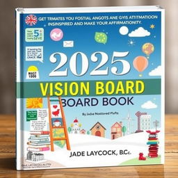 A visually striking and inspiring cover design for the book titled '2025 Vision Board Book: 800+ Images, Quotes, and Affirmations - Get INSPIRED and Make Your Dreams a Reality' by Jade Laycock, B